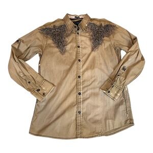 Roar Signature Long Sleeve Button Up Shirt Khaki Embellished Mens‎ Size L